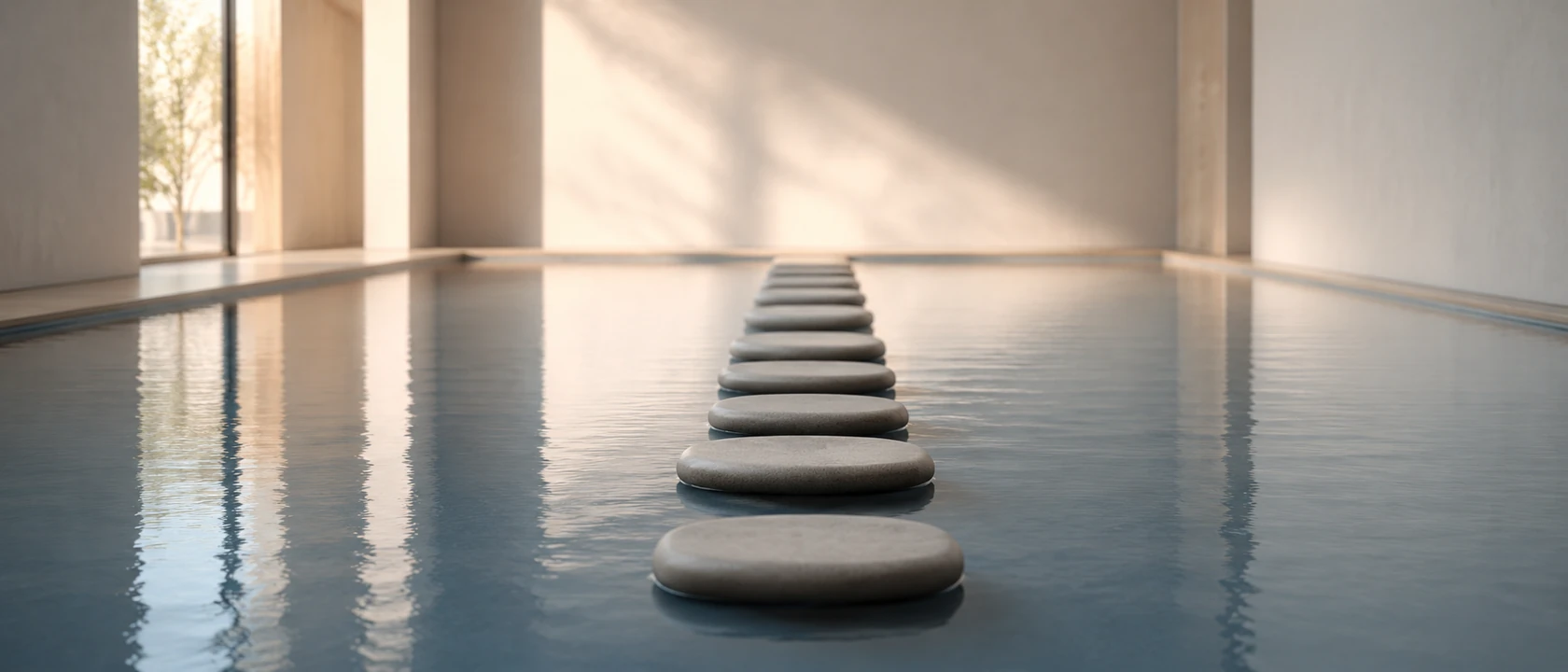 Stepping stones crossing a reflecting pool