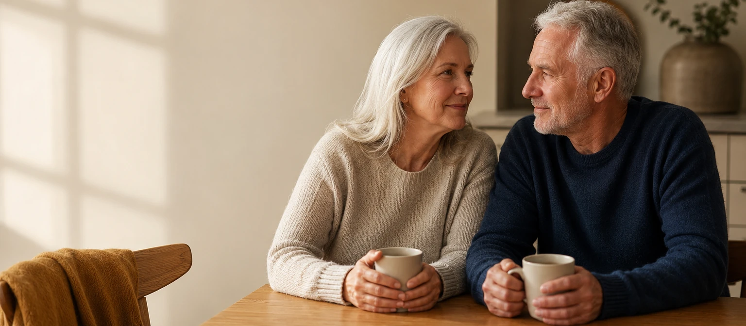 Older couple talking over coffee at a kitchen table