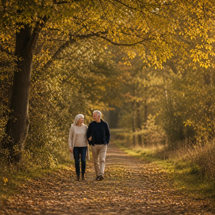 Older couple walking together on a tree-lined path